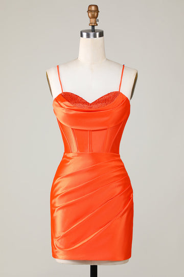 Corsé de cuentas naranja brillante Vestido corto ajustado de bienvenida